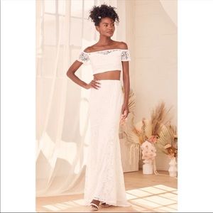 NWT Most Ardently White Lace Off The Shoulder Two Piece Maxi Dress